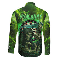 Grim Reaper and Dartboard Darts Family Matching Puletasi and Hawaiian Shirt with Green Lightning Background and Custom Team Name - Wonder Print Shop