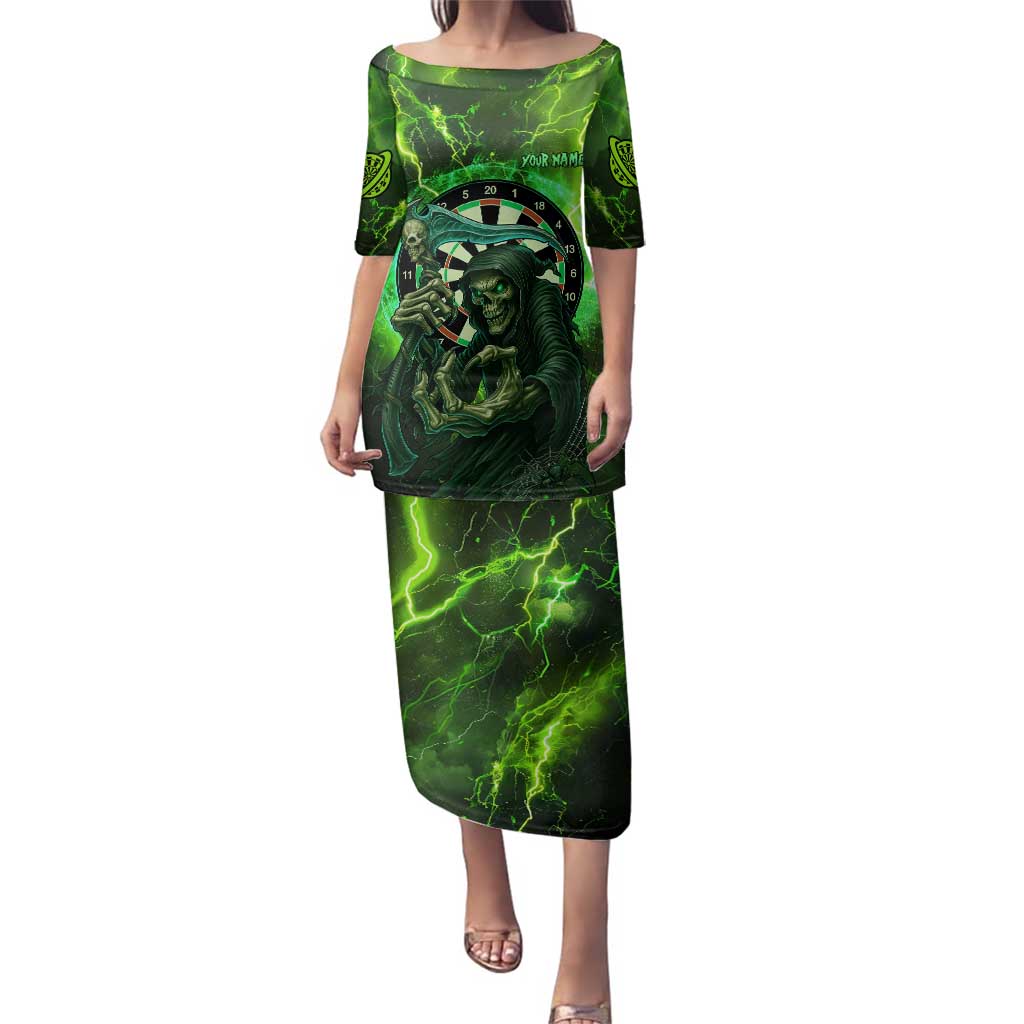 Grim Reaper and Dartboard Darts Family Matching Puletasi and Hawaiian Shirt with Green Lightning Background and Custom Team Name - Wonder Print Shop