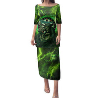 Grim Reaper and Dartboard Darts Family Matching Puletasi and Hawaiian Shirt with Green Lightning Background and Custom Team Name - Wonder Print Shop