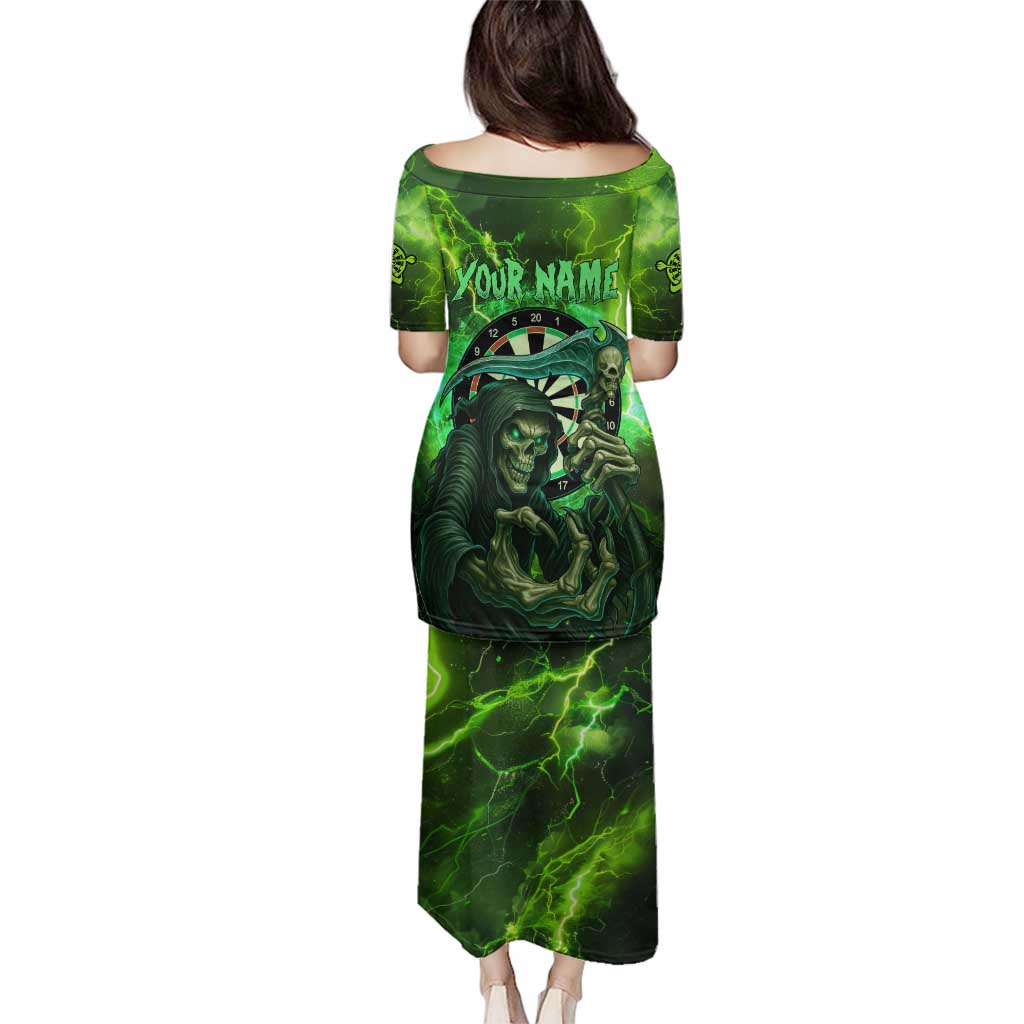 Grim Reaper and Dartboard Darts Family Matching Puletasi and Hawaiian Shirt with Green Lightning Background and Custom Team Name - Wonder Print Shop