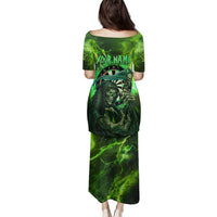 Grim Reaper and Dartboard Darts Family Matching Puletasi and Hawaiian Shirt with Green Lightning Background and Custom Team Name - Wonder Print Shop