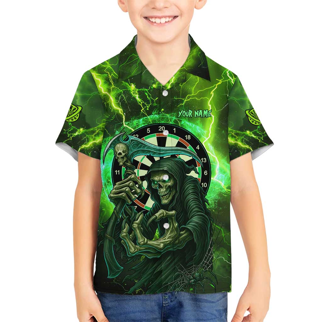 Grim Reaper and Dartboard Darts Family Matching Puletasi and Hawaiian Shirt with Green Lightning Background and Custom Team Name - Wonder Print Shop