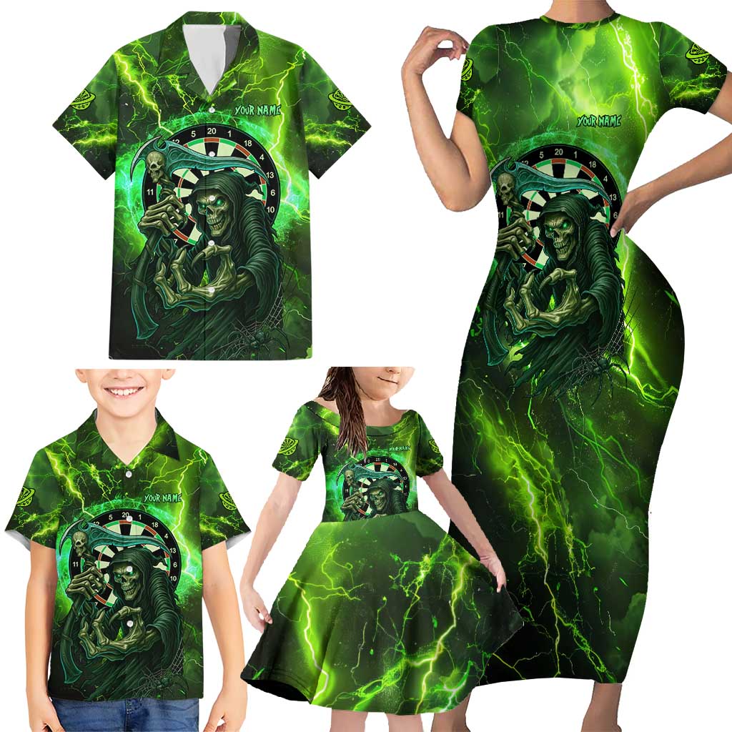 Grim Reaper and Dartboard Darts Family Matching Short Sleeve Bodycon Dress and Hawaiian Shirt with Green Lightning Background and Custom Team Name - Wonder Print Shop