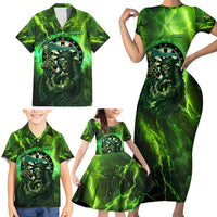 Grim Reaper and Dartboard Darts Family Matching Short Sleeve Bodycon Dress and Hawaiian Shirt with Green Lightning Background and Custom Team Name - Wonder Print Shop