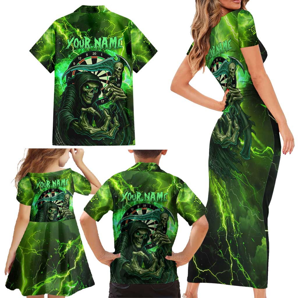 Grim Reaper and Dartboard Darts Family Matching Short Sleeve Bodycon Dress and Hawaiian Shirt with Green Lightning Background and Custom Team Name - Wonder Print Shop