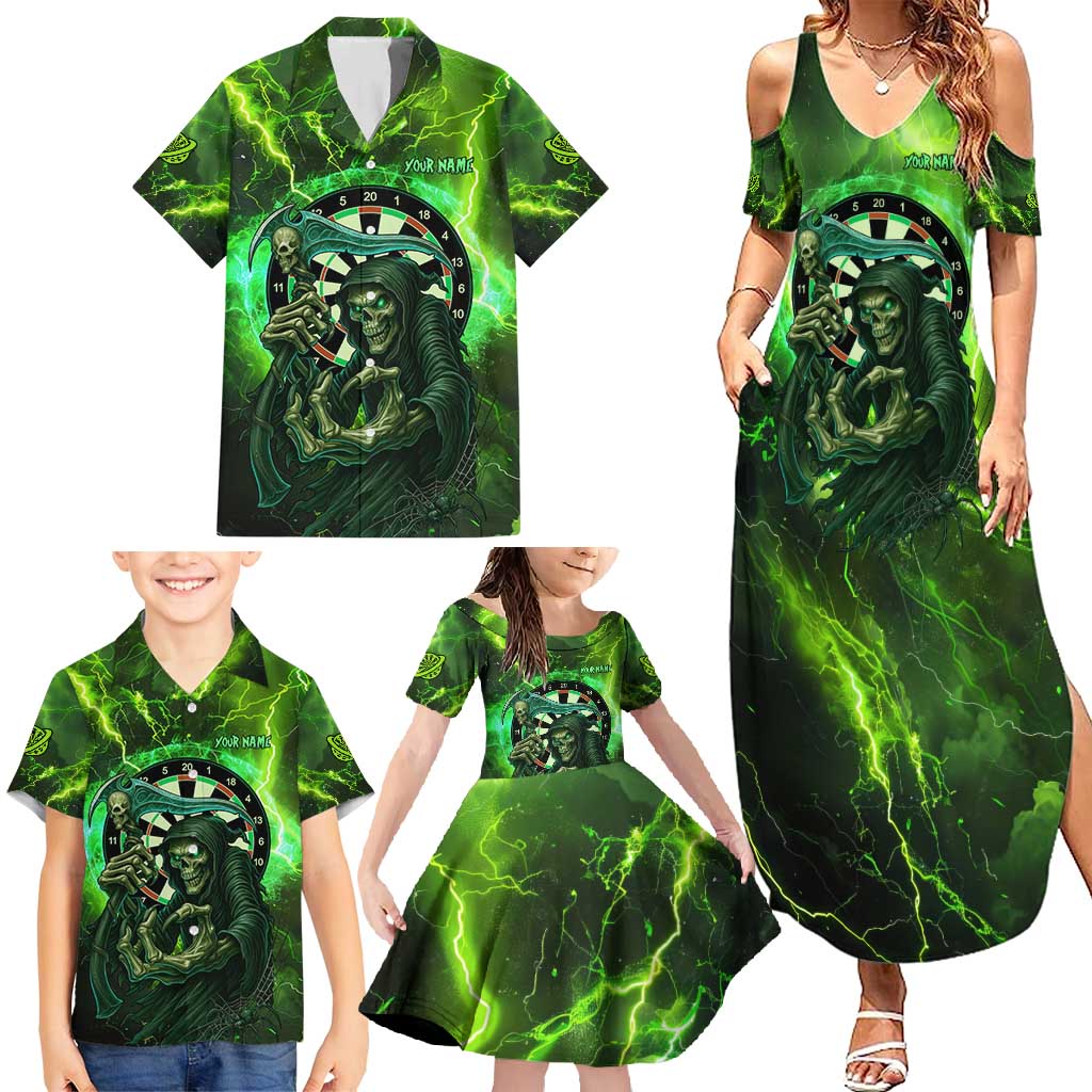 Grim Reaper and Dartboard Darts Family Matching Summer Maxi Dress and Hawaiian Shirt with Green Lightning Background and Custom Team Name - Wonder Print Shop