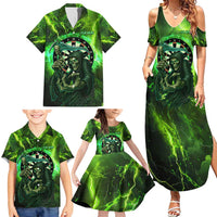 Grim Reaper and Dartboard Darts Family Matching Summer Maxi Dress and Hawaiian Shirt with Green Lightning Background and Custom Team Name - Wonder Print Shop
