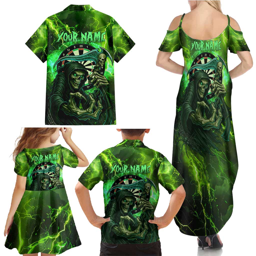 Grim Reaper and Dartboard Darts Family Matching Summer Maxi Dress and Hawaiian Shirt with Green Lightning Background and Custom Team Name - Wonder Print Shop