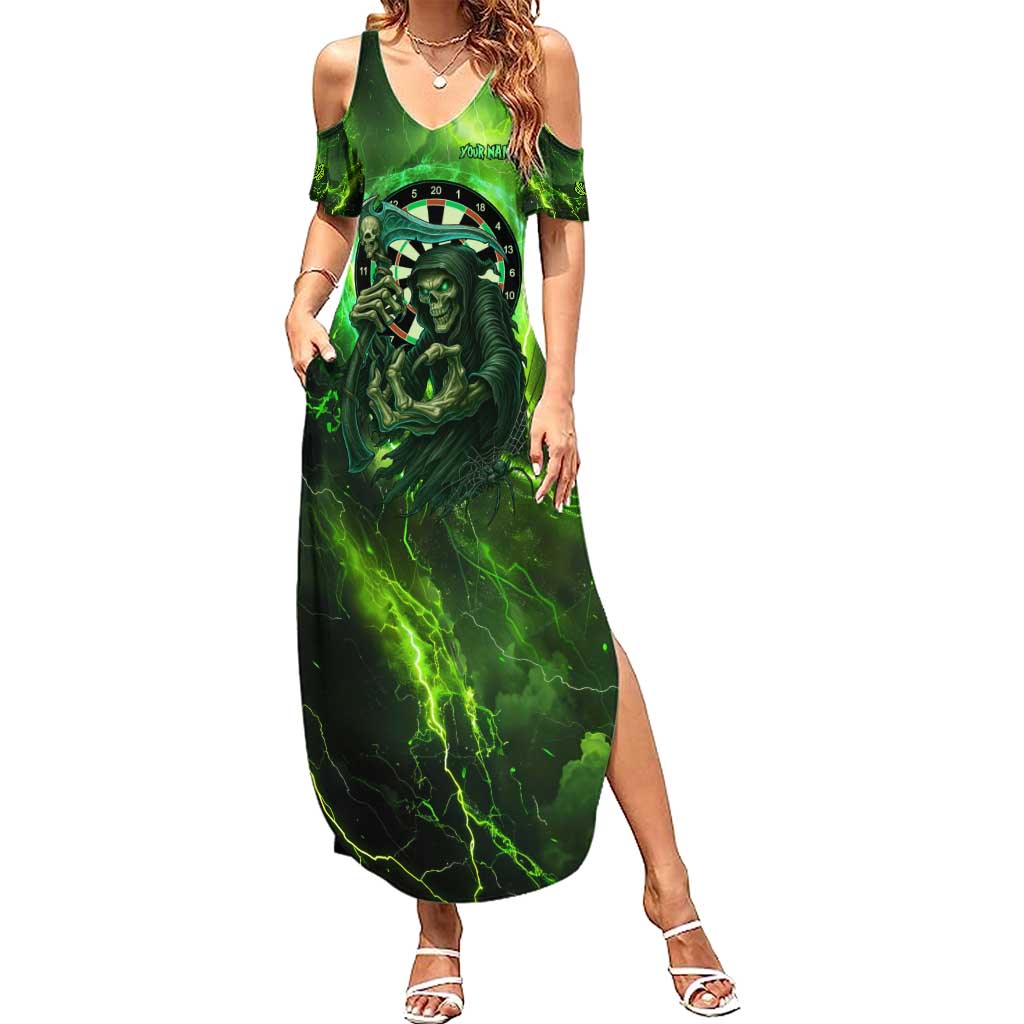 Grim Reaper and Dartboard Darts Family Matching Summer Maxi Dress and Hawaiian Shirt with Green Lightning Background and Custom Team Name - Wonder Print Shop