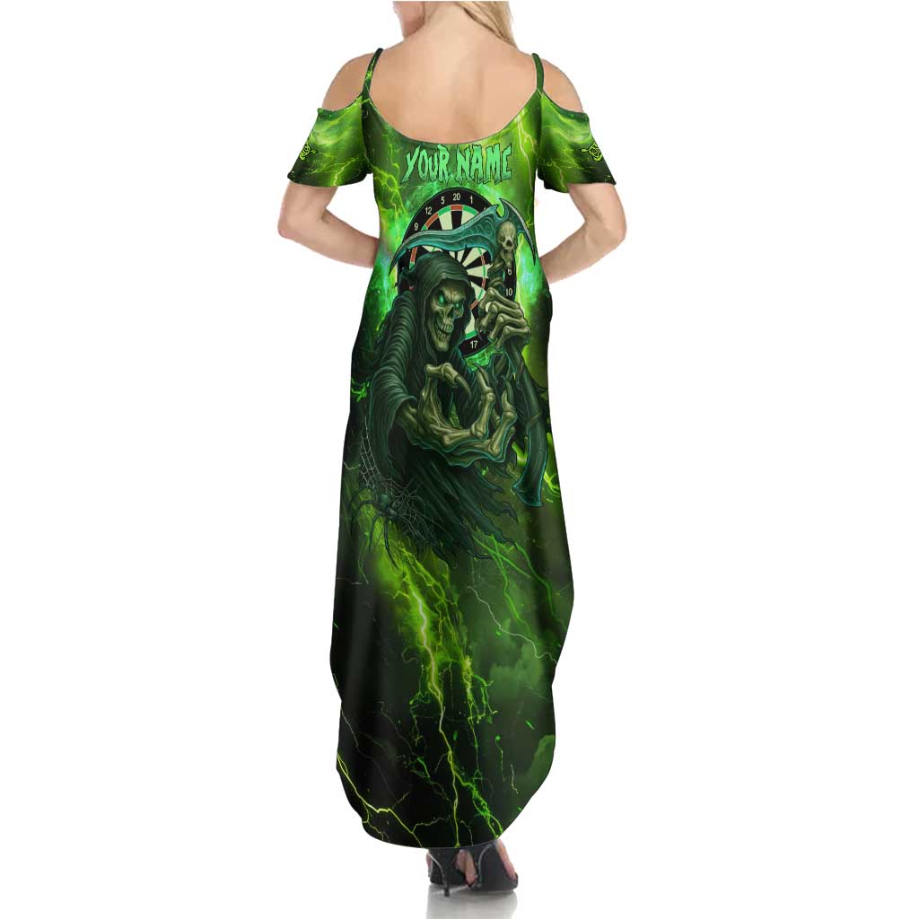 Grim Reaper and Dartboard Darts Family Matching Summer Maxi Dress and Hawaiian Shirt with Green Lightning Background and Custom Team Name - Wonder Print Shop