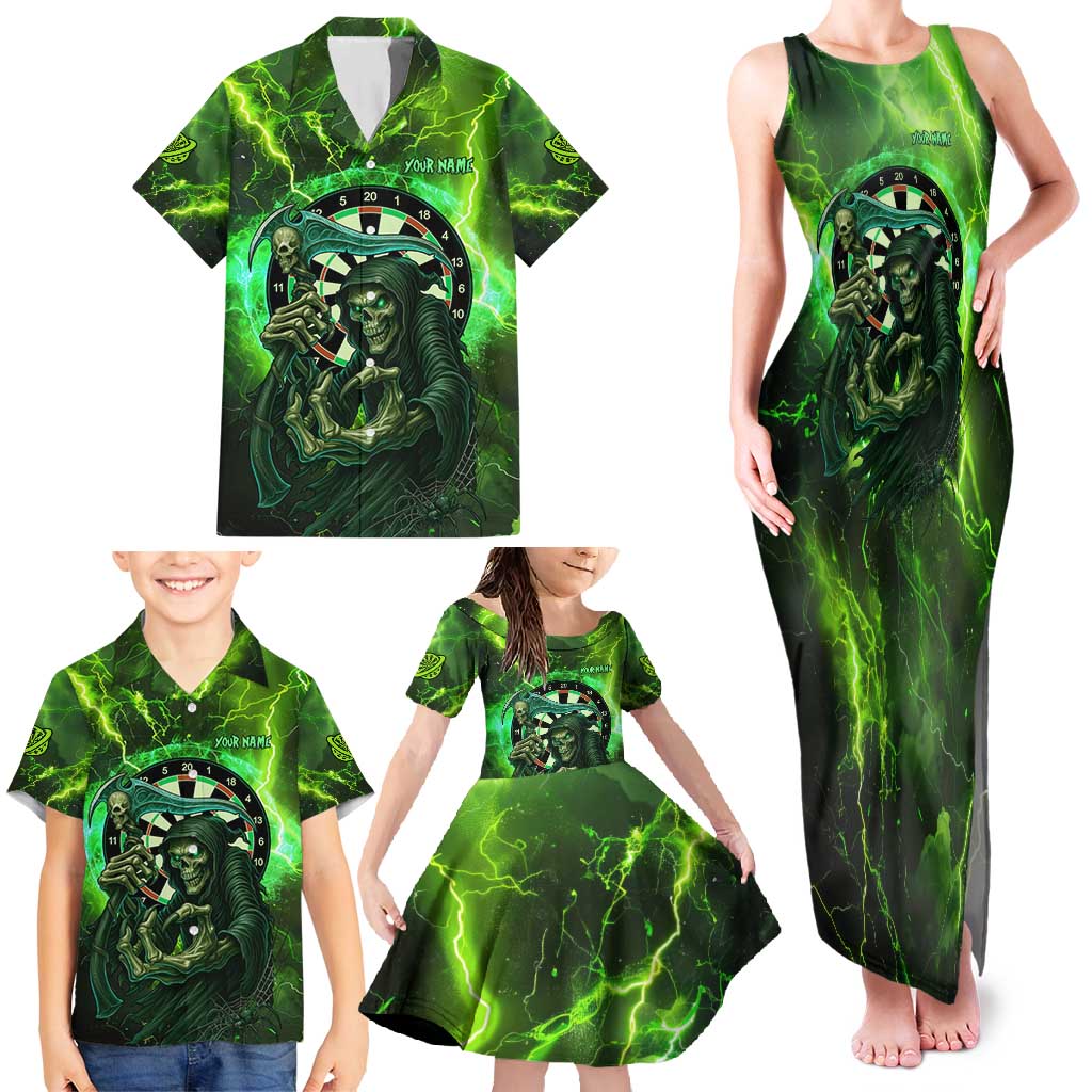 Grim Reaper and Dartboard Darts Family Matching Tank Maxi Dress and Hawaiian Shirt with Green Lightning Background and Custom Team Name - Wonder Print Shop