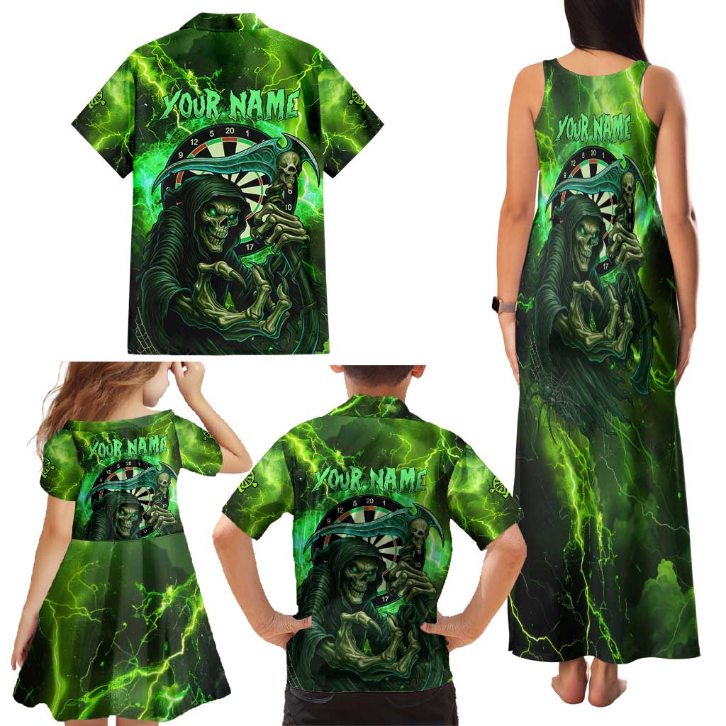Grim Reaper and Dartboard Darts Family Matching Tank Maxi Dress and Hawaiian Shirt with Green Lightning Background and Custom Team Name - Wonder Print Shop