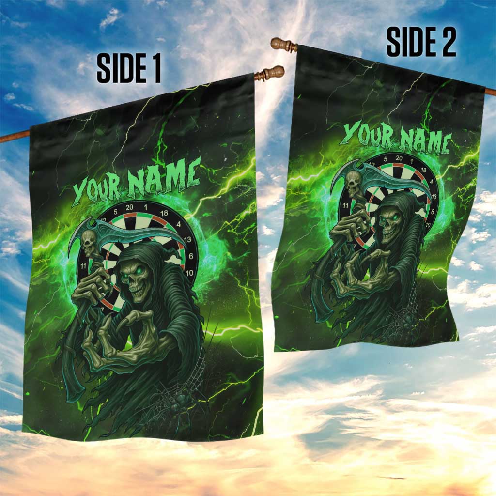 Grim Reaper and Dartboard Darts Garden Flag with Green Lightning Background and Custom Team Name - Wonder Print Shop