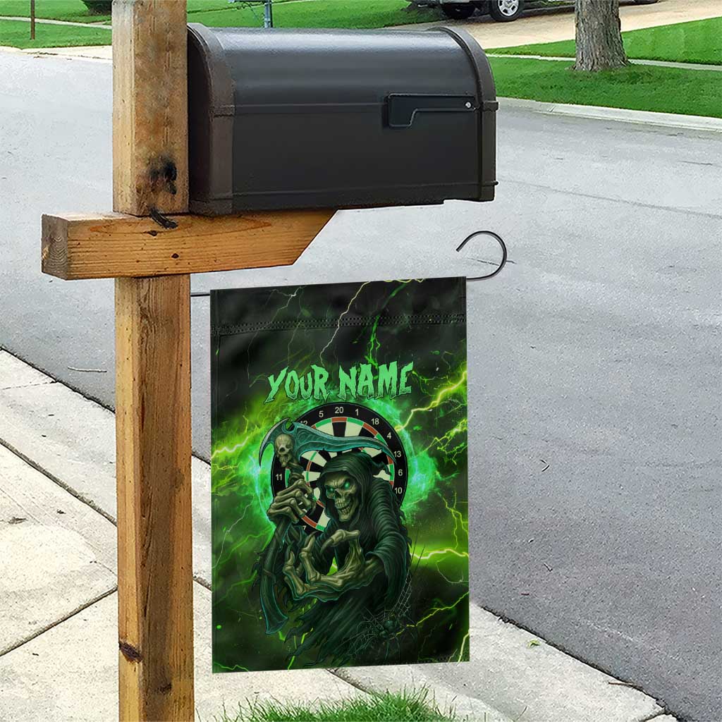 Grim Reaper and Dartboard Darts Garden Flag with Green Lightning Background and Custom Team Name - Wonder Print Shop