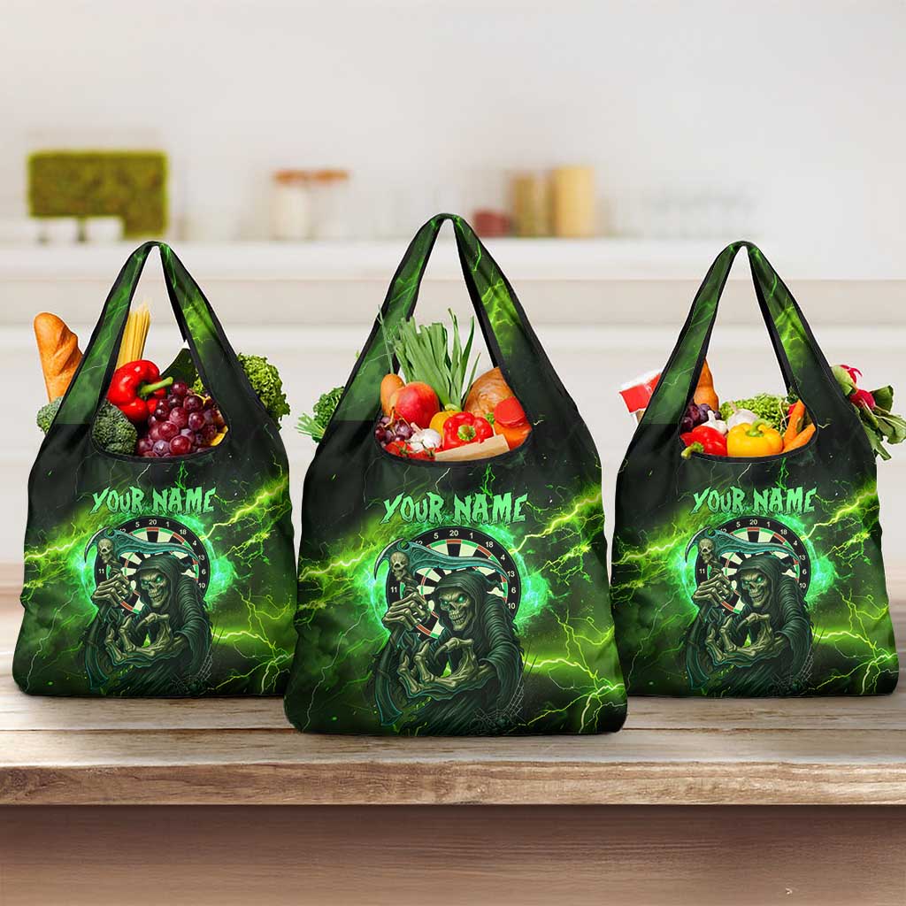 Grim Reaper and Dartboard Darts Grocery Bag with Green Lightning Background and Custom Team Name - Wonder Print Shop