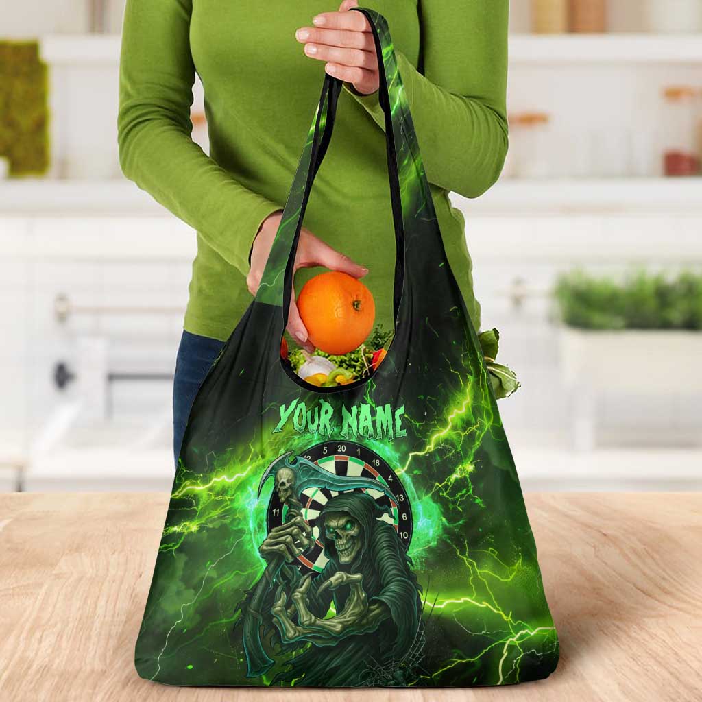 Grim Reaper and Dartboard Darts Grocery Bag with Green Lightning Background and Custom Team Name - Wonder Print Shop