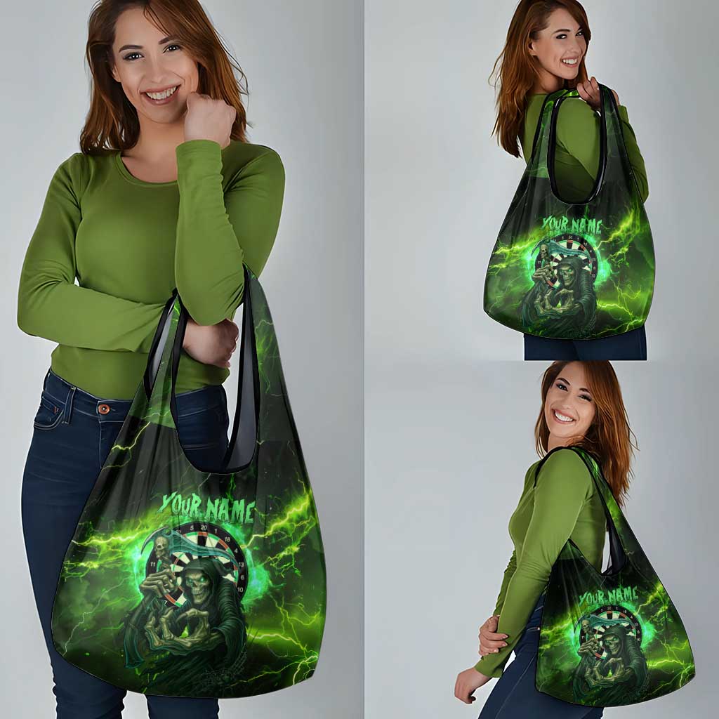 Grim Reaper and Dartboard Darts Grocery Bag with Green Lightning Background and Custom Team Name - Wonder Print Shop