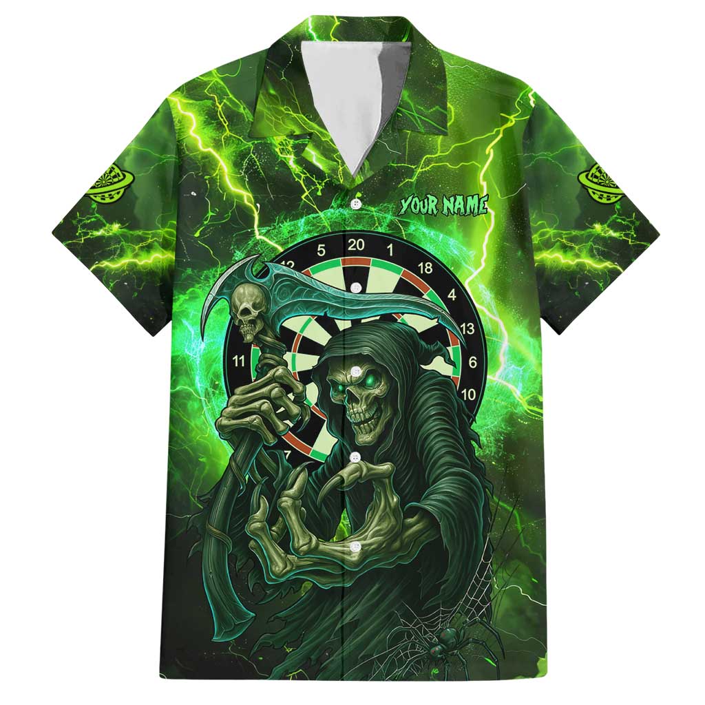 Grim Reaper and Dartboard Darts Hawaiian Shirt with Green Lightning Background and Custom Team Name - Wonder Print Shop
