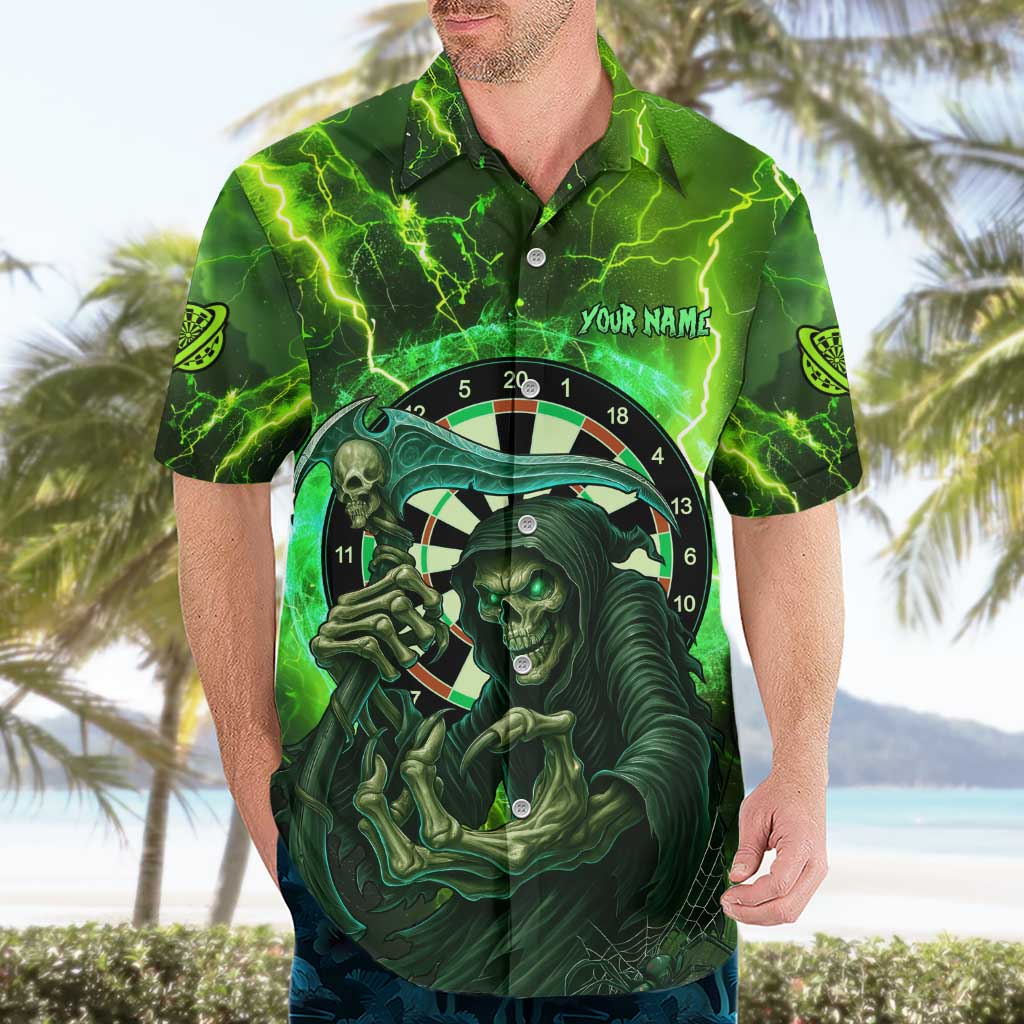 Grim Reaper and Dartboard Darts Hawaiian Shirt with Green Lightning Background and Custom Team Name - Wonder Print Shop