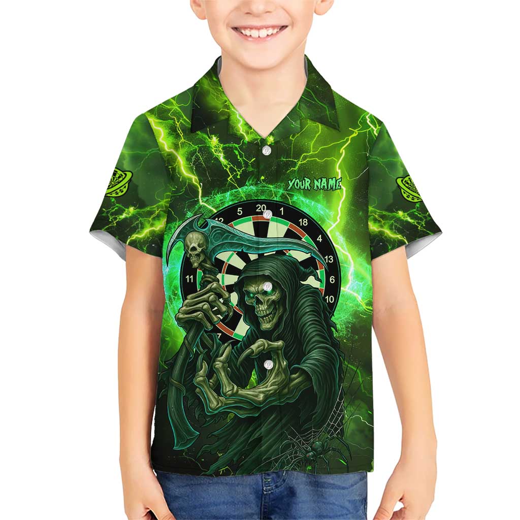 Grim Reaper and Dartboard Darts Hawaiian Shirt with Green Lightning Background and Custom Team Name - Wonder Print Shop