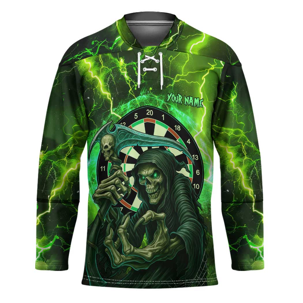 Grim Reaper and Dartboard Darts Hockey Jersey with Green Lightning Background and Custom Team Name - Wonder Print Shop