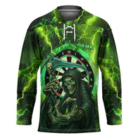 Grim Reaper and Dartboard Darts Hockey Jersey with Green Lightning Background and Custom Team Name - Wonder Print Shop