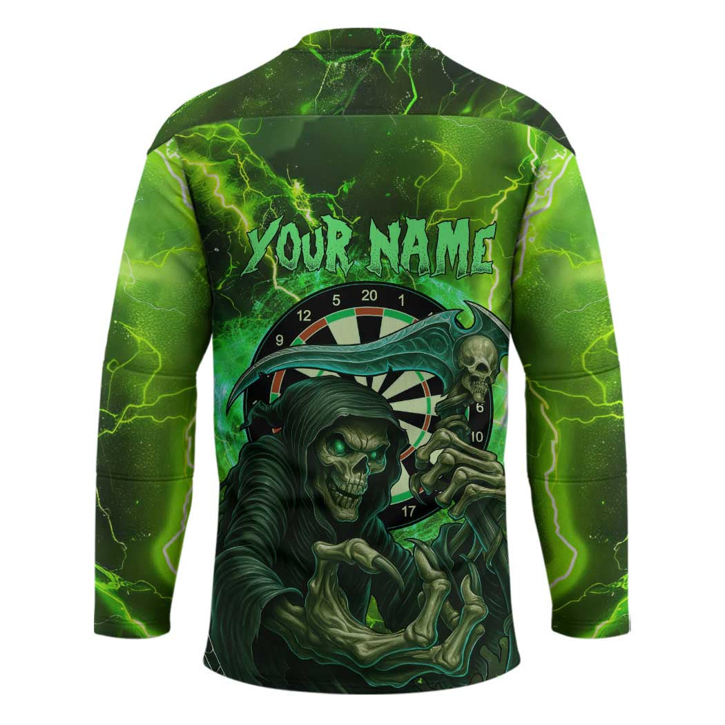 Grim Reaper and Dartboard Darts Hockey Jersey with Green Lightning Background and Custom Team Name - Wonder Print Shop