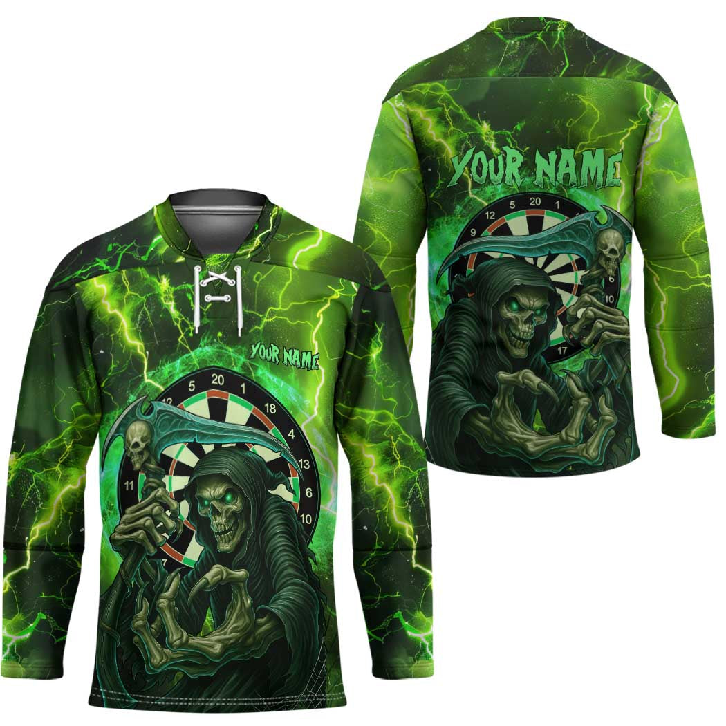 Grim Reaper and Dartboard Darts Hockey Jersey with Green Lightning Background and Custom Team Name - Wonder Print Shop