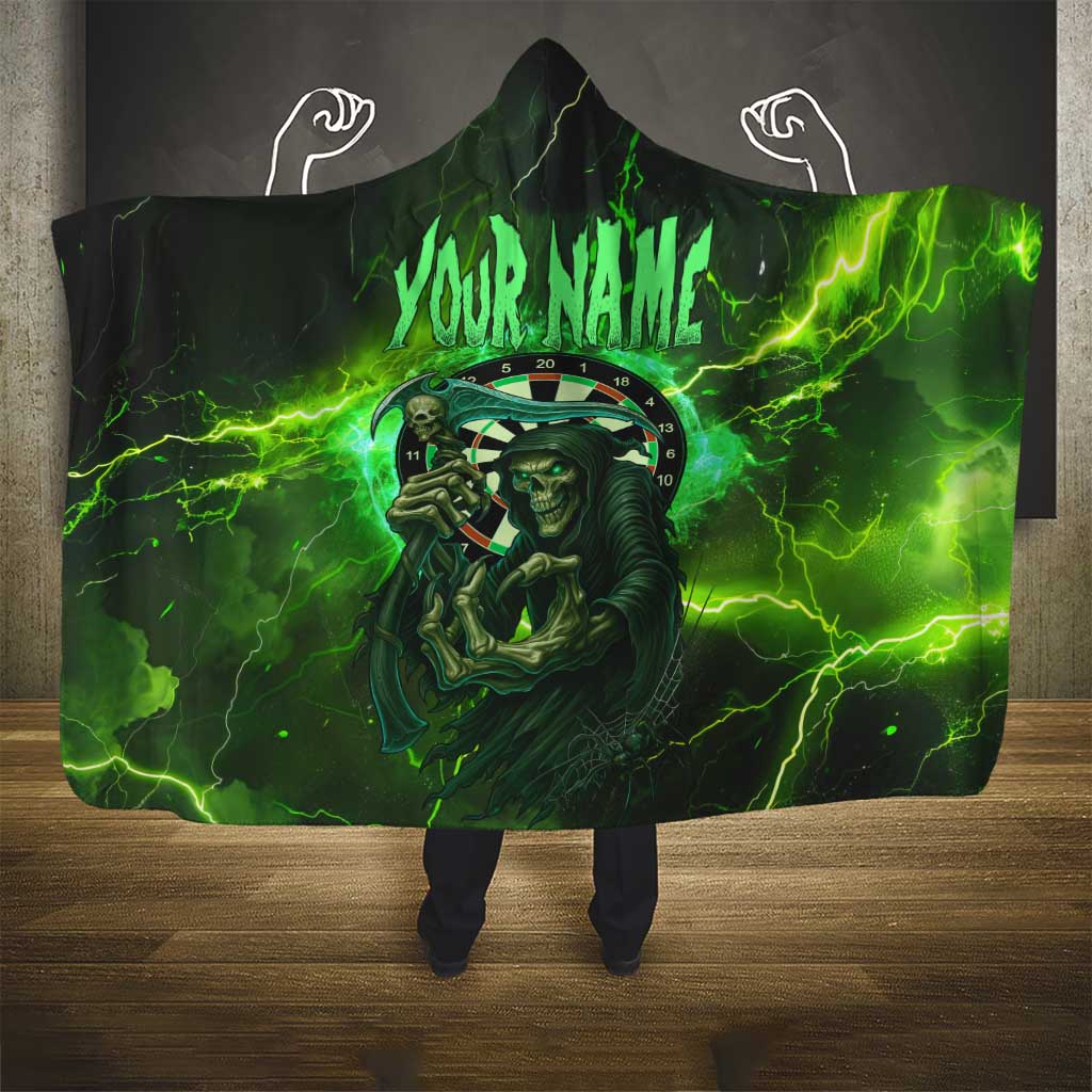 Grim Reaper and Dartboard Darts Hooded Blanket with Green Lightning Background and Custom Team Name - Wonder Print Shop