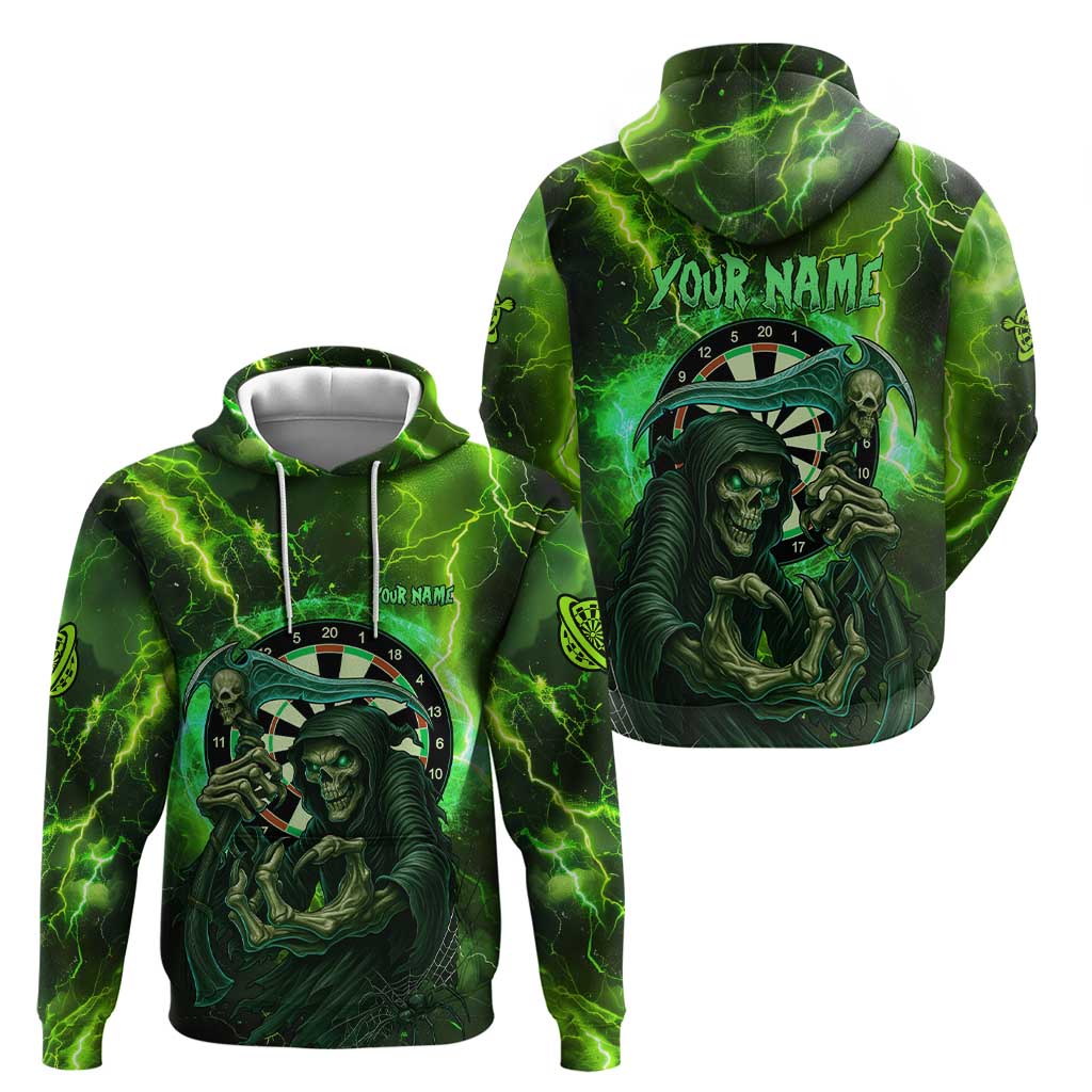 Grim Reaper and Dartboard Darts Hoodie with Green Lightning Background and Custom Team Name - Wonder Print Shop