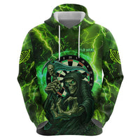 Grim Reaper and Dartboard Darts Hoodie with Green Lightning Background and Custom Team Name - Wonder Print Shop