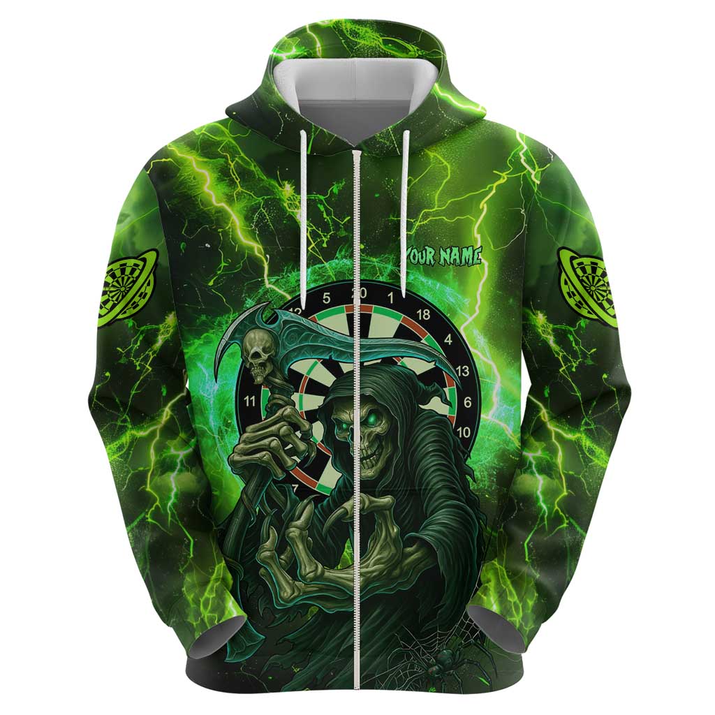 Grim Reaper and Dartboard Darts Hoodie with Green Lightning Background and Custom Team Name - Wonder Print Shop