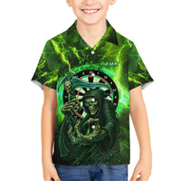 Grim Reaper and Dartboard Darts Kid Hawaiian Shirt with Green Lightning Background and Custom Team Name - Wonder Print Shop