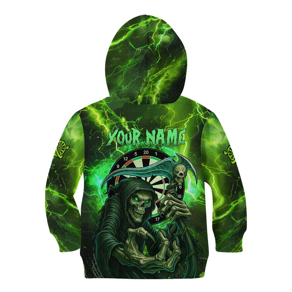 Grim Reaper and Dartboard Darts Kid Hoodie with Green Lightning Background and Custom Team Name - Wonder Print Shop