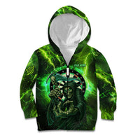 Grim Reaper and Dartboard Darts Kid Hoodie with Green Lightning Background and Custom Team Name - Wonder Print Shop