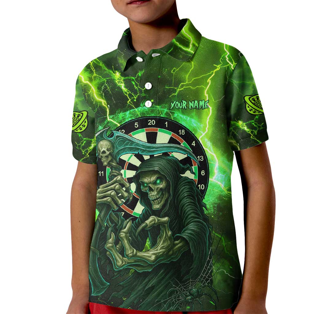 Grim Reaper and Dartboard Darts Kid Polo Shirt with Green Lightning Background and Custom Team Name - Wonder Print Shop