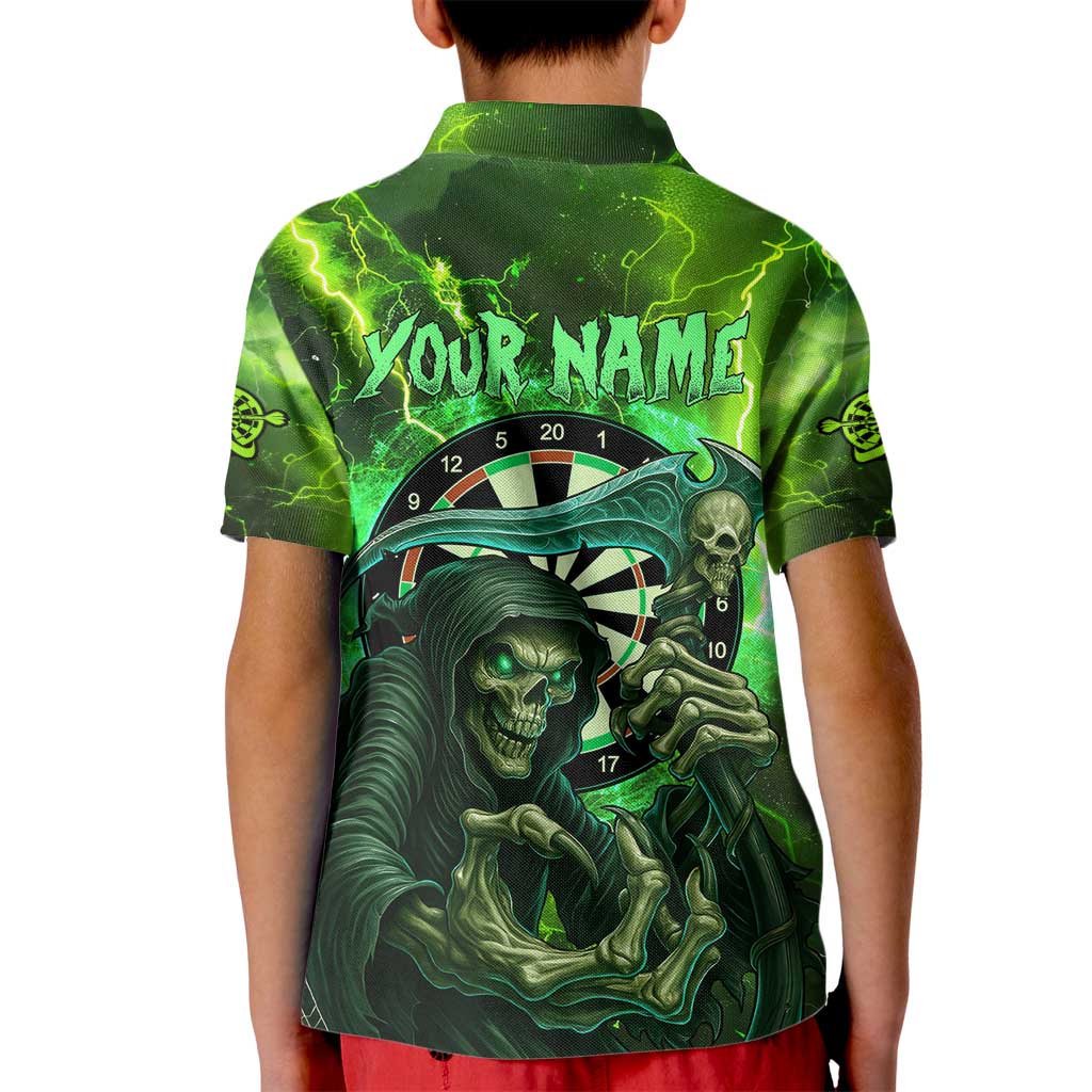 Grim Reaper and Dartboard Darts Kid Polo Shirt with Green Lightning Background and Custom Team Name - Wonder Print Shop