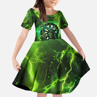 Grim Reaper and Dartboard Darts Kid Short Sleeve Dress with Green Lightning Background and Custom Team Name - Wonder Print Shop