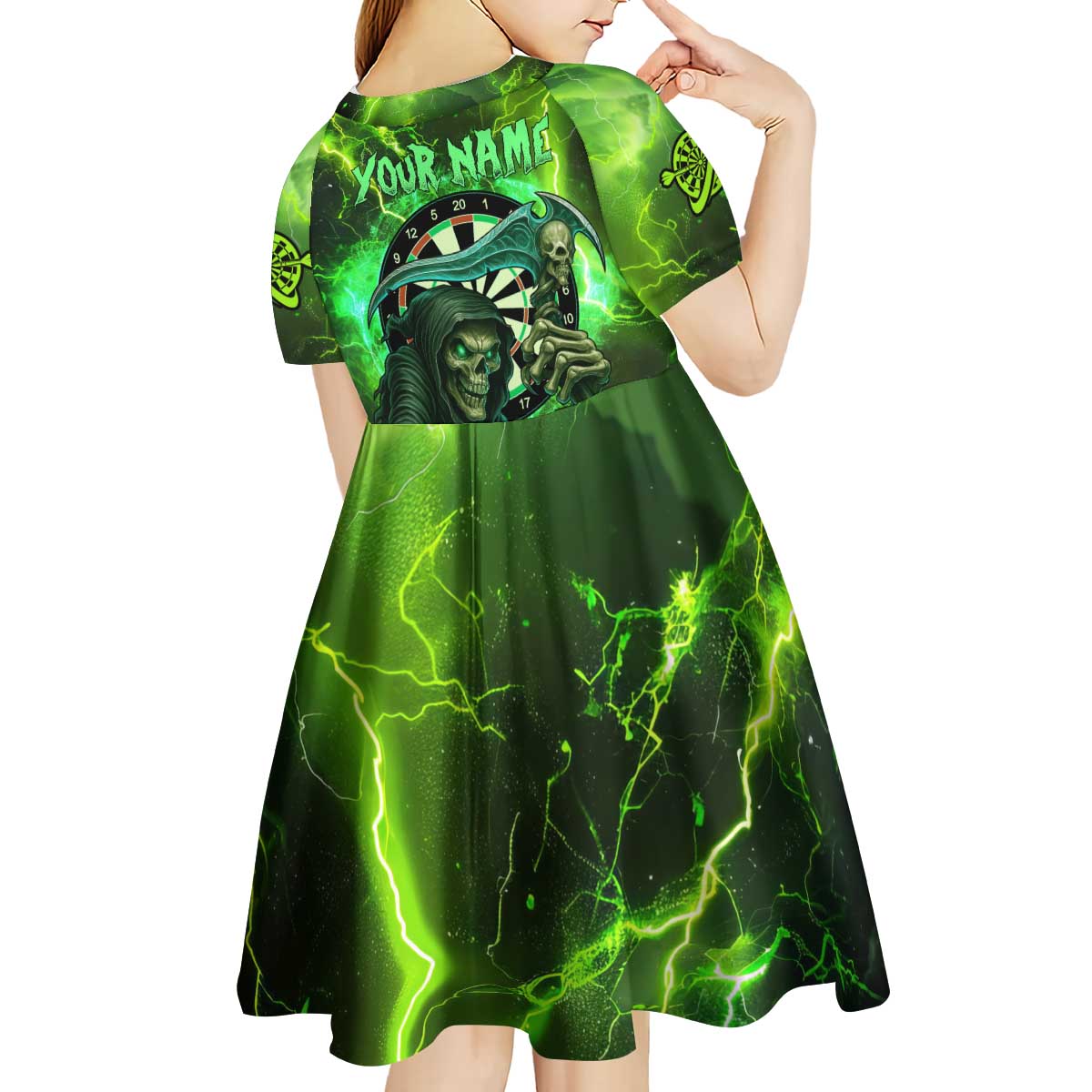Grim Reaper and Dartboard Darts Kid Short Sleeve Dress with Green Lightning Background and Custom Team Name - Wonder Print Shop