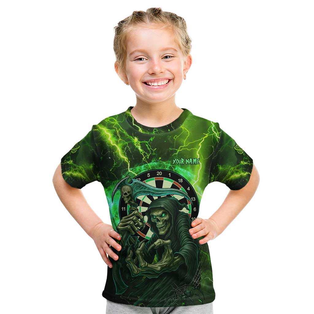 Grim Reaper and Dartboard Darts Kid T Shirt with Green Lightning Background and Custom Team Name - Wonder Print Shop