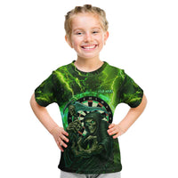 Grim Reaper and Dartboard Darts Kid T Shirt with Green Lightning Background and Custom Team Name - Wonder Print Shop