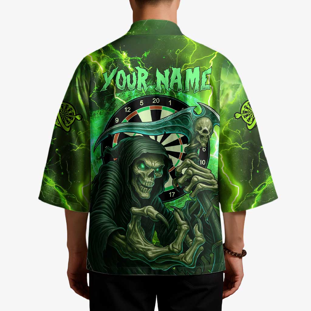 Grim Reaper and Dartboard Darts Kimono with Green Lightning Background and Custom Team Name - Wonder Print Shop