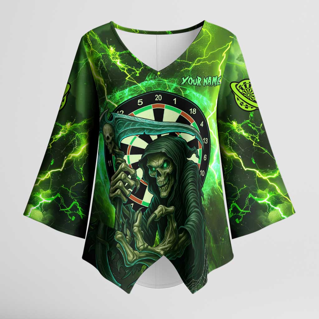 Grim Reaper and Dartboard Darts Kimono Sleeve Blouse with Green Lightning Background and Custom Team Name - Wonder Print Shop