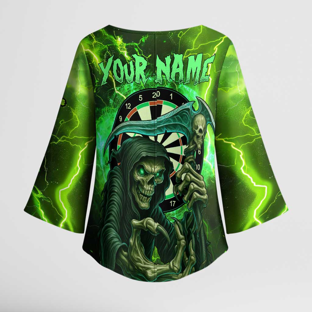 Grim Reaper and Dartboard Darts Kimono Sleeve Blouse with Green Lightning Background and Custom Team Name - Wonder Print Shop