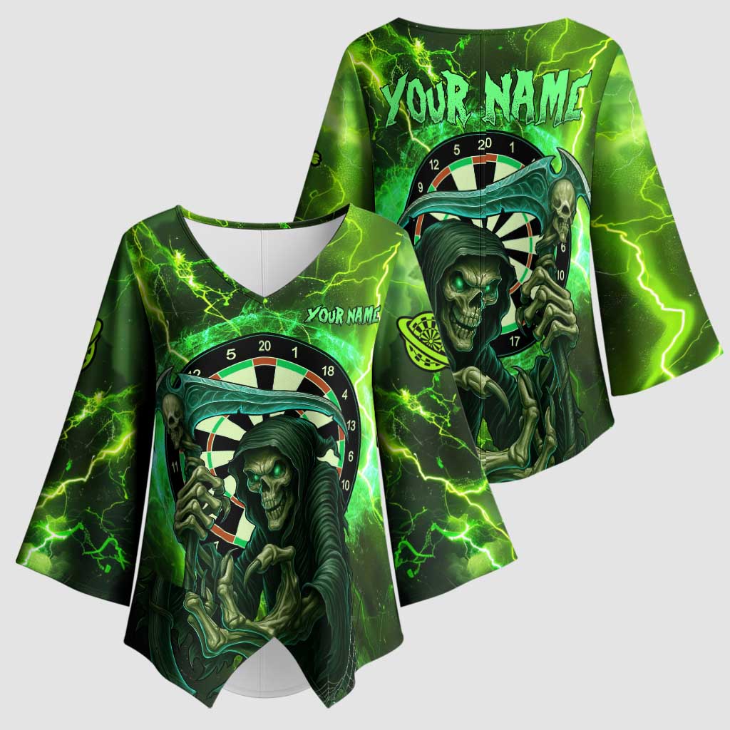 Grim Reaper and Dartboard Darts Kimono Sleeve Blouse with Green Lightning Background and Custom Team Name - Wonder Print Shop