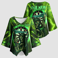 Grim Reaper and Dartboard Darts Kimono Sleeve Blouse with Green Lightning Background and Custom Team Name - Wonder Print Shop