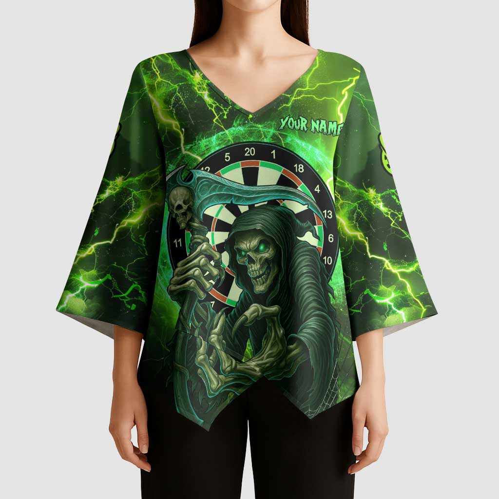Grim Reaper and Dartboard Darts Kimono Sleeve Blouse with Green Lightning Background and Custom Team Name - Wonder Print Shop