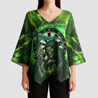 Grim Reaper and Dartboard Darts Kimono Sleeve Blouse with Green Lightning Background and Custom Team Name - Wonder Print Shop