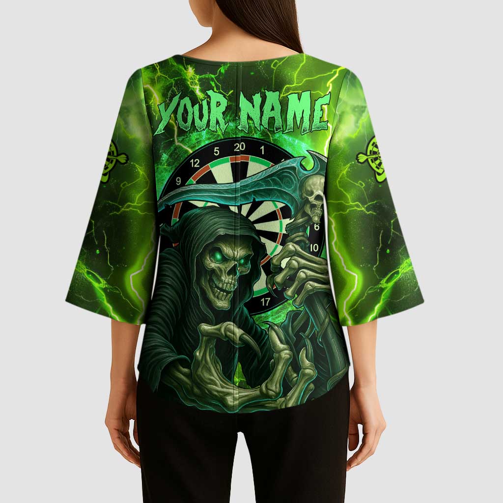 Grim Reaper and Dartboard Darts Kimono Sleeve Blouse with Green Lightning Background and Custom Team Name - Wonder Print Shop