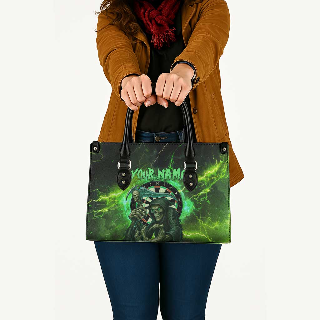 Grim Reaper and Dartboard Darts Leather Bag with Green Lightning Background and Custom Team Name - Wonder Print Shop